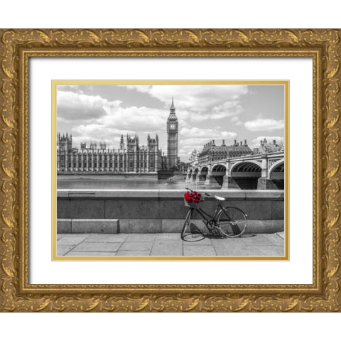 Bunch of Roses on a bicycle agaisnt Westminster Abby, London, UK Gold Ornate Wood Framed Art Print with Double Matting by Frank, Assaf