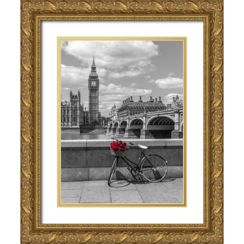 Bunch of Roses on a bicycle agaisnt Westminster Abby, London, UK Gold Ornate Wood Framed Art Print with Double Matting by Frank, Assaf
