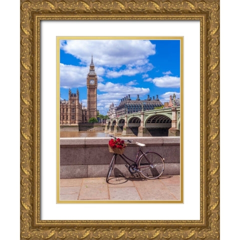 Bunch of Roses on a bicycle agaisnt Westminster Abby, London, UK Gold Ornate Wood Framed Art Print with Double Matting by Frank, Assaf