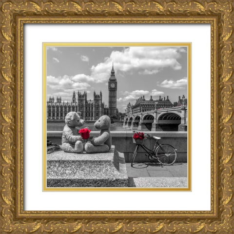 Teddy Bears with red rose agasint Westminster Abby, London, UK Gold Ornate Wood Framed Art Print with Double Matting by Frank, Assaf