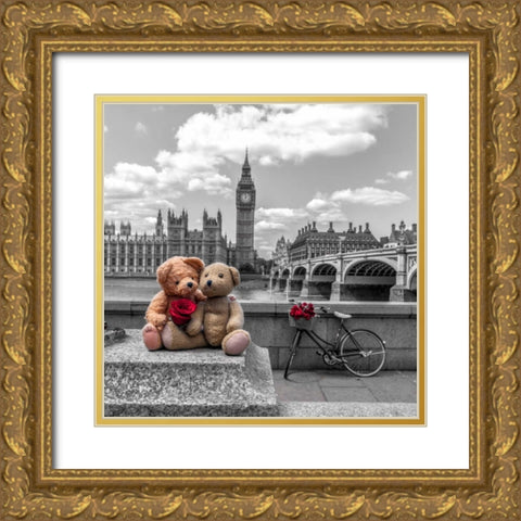 Teddy Bears with red rose agasint Westminster Abby, London, UK Gold Ornate Wood Framed Art Print with Double Matting by Frank, Assaf