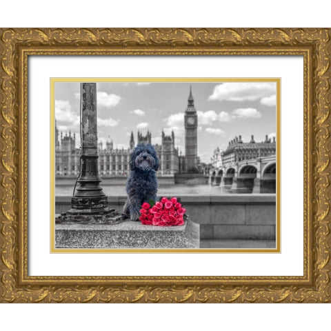 Dog by a lampost with bunch of Roses, London, UK Gold Ornate Wood Framed Art Print with Double Matting by Frank, Assaf