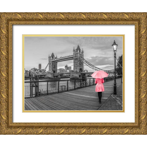 Lady in pink, Tower bridge, London Gold Ornate Wood Framed Art Print with Double Matting by Frank, Assaf