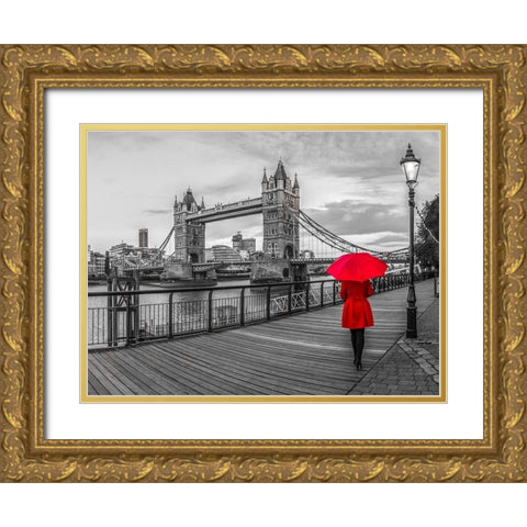 Tourist with red umbrella on promenade near Tower bridge, London, UK Gold Ornate Wood Framed Art Print with Double Matting by Frank, Assaf
