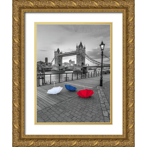 Colorful umbrellas on promenade near Tower bridge-London-UK Gold Ornate Wood Framed Art Print with Double Matting by Frank, Assaf