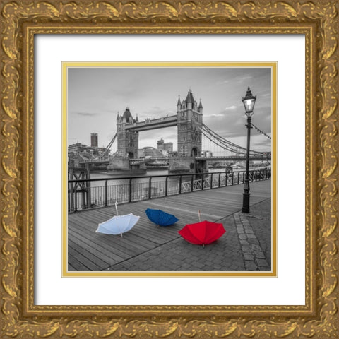 Colorful umbrellas on promenade near Tower bridge, London, UK Gold Ornate Wood Framed Art Print with Double Matting by Frank, Assaf