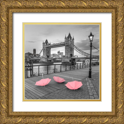 Pink umbrellas, Tower bridge, London Gold Ornate Wood Framed Art Print with Double Matting by Frank, Assaf