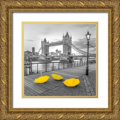 Yellow umbrellas, Tower bridge, London Gold Ornate Wood Framed Art Print with Double Matting by Frank, Assaf