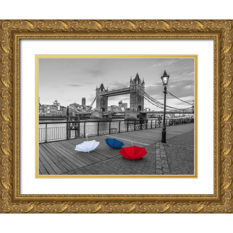 Colorful umbrellas on promenade near Tower bridge, London, UK Gold Ornate Wood Framed Art Print with Double Matting by Frank, Assaf