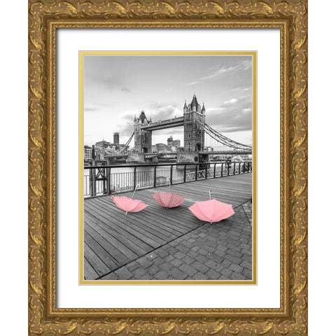 Pink umbrellas, Tower bridge, London Gold Ornate Wood Framed Art Print with Double Matting by Frank, Assaf