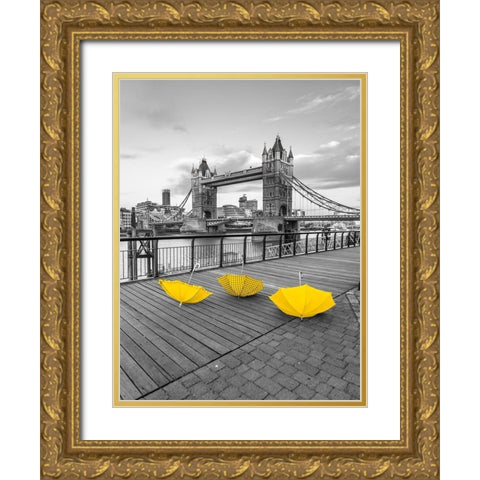Yellow umbrellas, Tower bridge, London Gold Ornate Wood Framed Art Print with Double Matting by Frank, Assaf