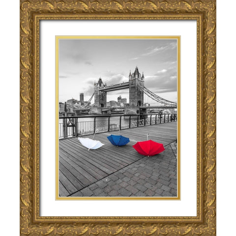 Colorful umbrellas on promenade near Tower bridge, London, UK Gold Ornate Wood Framed Art Print with Double Matting by Frank, Assaf