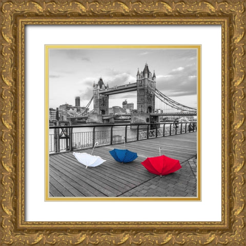 Colorful umbrellas on promenade near Tower bridge, London, UK Gold Ornate Wood Framed Art Print with Double Matting by Frank, Assaf