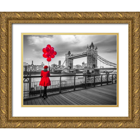 Woman with red balloons, standing on promenade near Tower Bridge, London, UK Gold Ornate Wood Framed Art Print with Double Matting by Frank, Assaf
