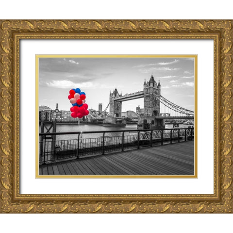 Balloons on promenade near Tower bridge, London, UK Gold Ornate Wood Framed Art Print with Double Matting by Frank, Assaf