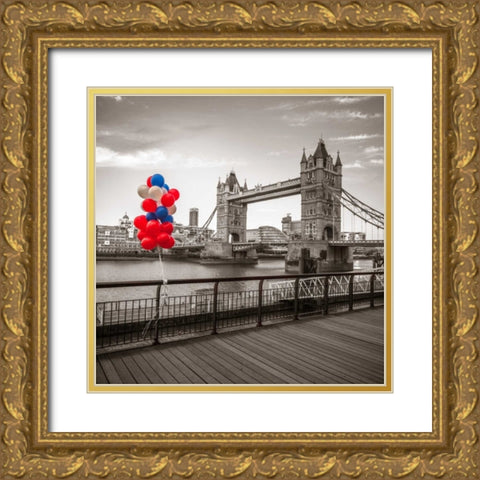 Balloons on promenade near Tower bridge, London, UK Gold Ornate Wood Framed Art Print with Double Matting by Frank, Assaf