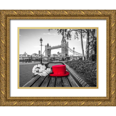 Red Hat with bunch of Roses on a bench near Tower Bridge, London, UK Gold Ornate Wood Framed Art Print with Double Matting by Frank, Assaf