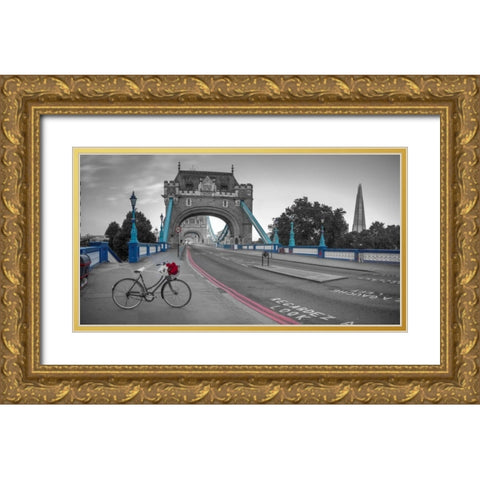 Bunch of roses on a bicycle near Tower Bridge, London, UK Gold Ornate Wood Framed Art Print with Double Matting by Frank, Assaf