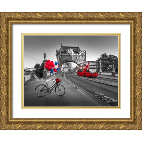 Colorful balloons and bunch of roses on a bicycle at Tower bridge, London, UK Gold Ornate Wood Framed Art Print with Double Matting by Frank, Assaf