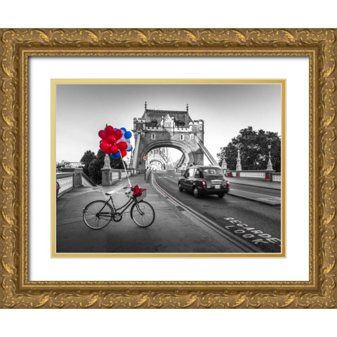 Colorful balloons and bunch of roses on a bicycle at Tower bridge, London, UK Gold Ornate Wood Framed Art Print with Double Matting by Frank, Assaf