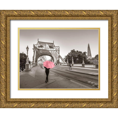 Lady with a pink umbrella, Tower bridge, London Gold Ornate Wood Framed Art Print with Double Matting by Frank, Assaf