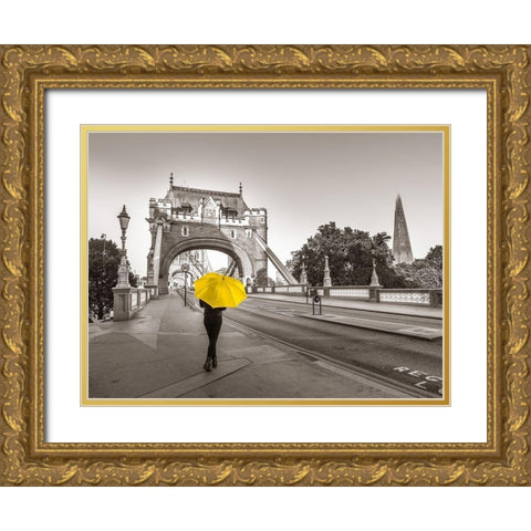 Lady with a yellow umbrella, Tower bridge, London Gold Ornate Wood Framed Art Print with Double Matting by Frank, Assaf