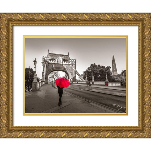 Tourist with umbrella on Tower Bridge, London, UK Gold Ornate Wood Framed Art Print with Double Matting by Frank, Assaf