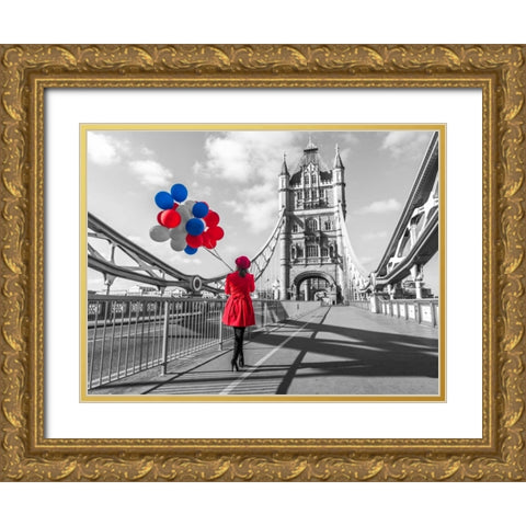 Tourist with colorful balloons on Tower Bridge, London, UK Gold Ornate Wood Framed Art Print with Double Matting by Frank, Assaf