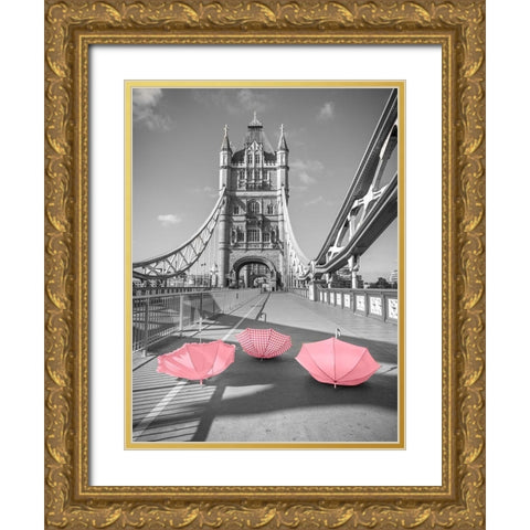 Pink umbrellas, Tower bridge, London Gold Ornate Wood Framed Art Print with Double Matting by Frank, Assaf