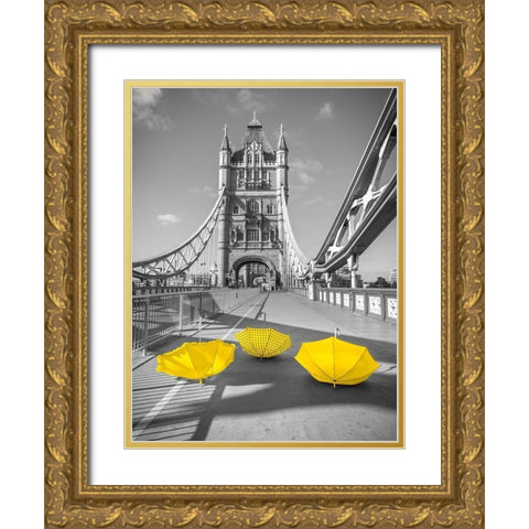Yellow umbrellas, Tower bridge, London Gold Ornate Wood Framed Art Print with Double Matting by Frank, Assaf