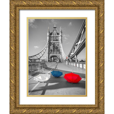 Colorful umbrellas on Tower bridge, London, UK Gold Ornate Wood Framed Art Print with Double Matting by Frank, Assaf