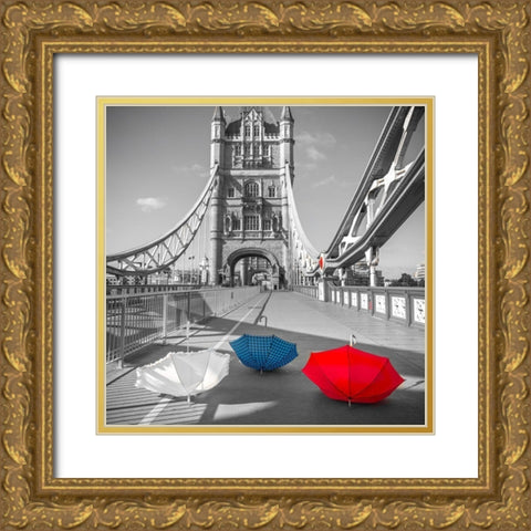 Colorful umbrellas on Tower bridge, London, UK Gold Ornate Wood Framed Art Print with Double Matting by Frank, Assaf