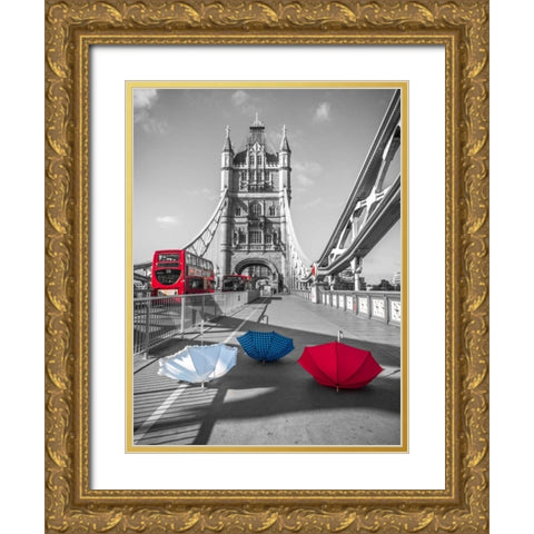 Colorful umbrellas on Tower bridge, London, UK Gold Ornate Wood Framed Art Print with Double Matting by Frank, Assaf