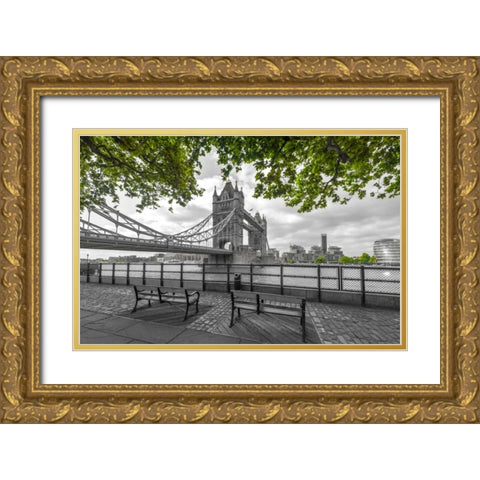 Thames promenade with Tower bridge in background, London, UK Gold Ornate Wood Framed Art Print with Double Matting by Frank, Assaf