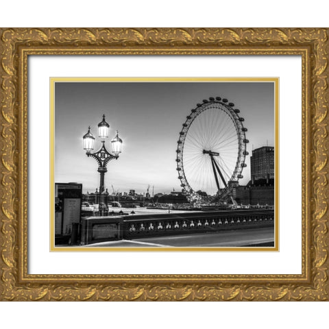 Street lamp on Westminster Bridge with London Eye in background, London, UK Gold Ornate Wood Framed Art Print with Double Matting by Frank, Assaf