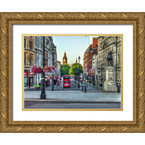 Streets of London city with double decker bus, UK Gold Ornate Wood Framed Art Print with Double Matting by Frank, Assaf