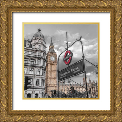 Westminster subway station signboard with Big Ben, London, UK, FTBR-1918 Gold Ornate Wood Framed Art Print with Double Matting by Frank, Assaf