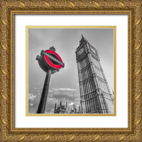 Underground sign with Big Ben, London, UK, FTBR-1810 Gold Ornate Wood Framed Art Print with Double Matting by Frank, Assaf