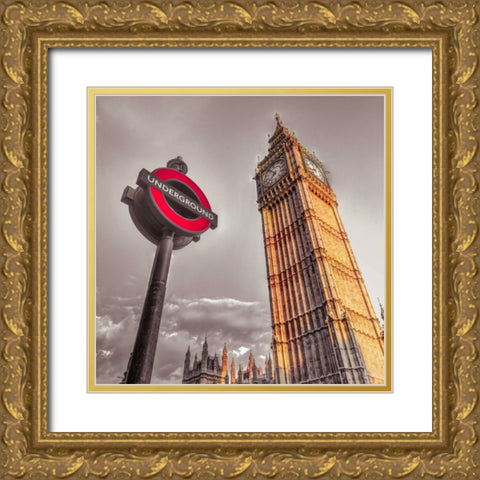 Underground sign with Big Ben, London, UK, FTBR-1906 Gold Ornate Wood Framed Art Print with Double Matting by Frank, Assaf