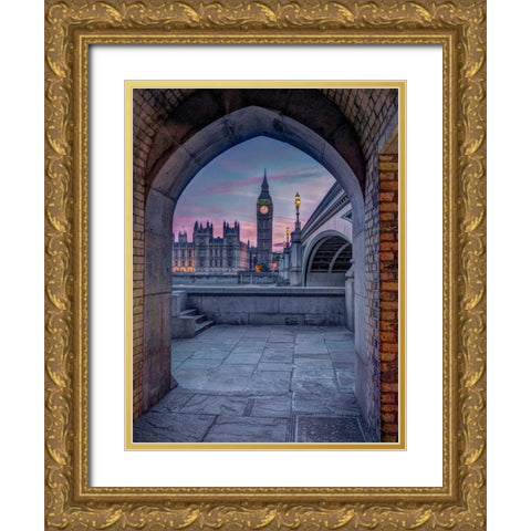 View of Westminster Abby and Big Ben from Thames promenade arch, London, UK Gold Ornate Wood Framed Art Print with Double Matting by Frank, Assaf