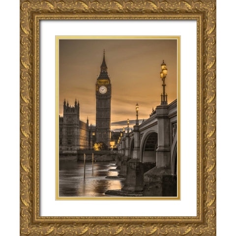 Westminster bridge and Big Ben from Thames promenade, London, UK Gold Ornate Wood Framed Art Print with Double Matting by Frank, Assaf