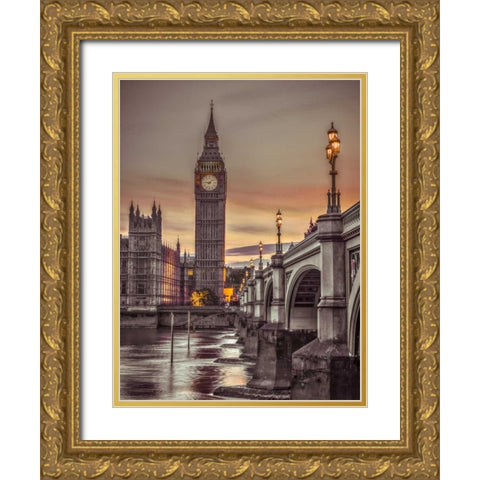 Westminster bridge and Big Ben from Thames promenade, London, UK, FTBR-1826 Gold Ornate Wood Framed Art Print with Double Matting by Frank, Assaf