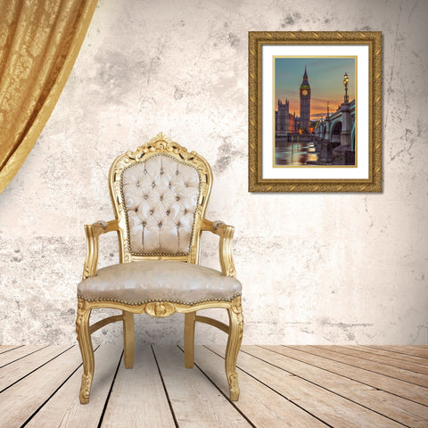 Westminster bridge and Big Ben from Thames promenade-London-UK Gold Ornate Wood Framed Art Print with Double Matting by Frank, Assaf