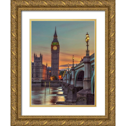 Westminster bridge and Big Ben from Thames promenade-London-UK Gold Ornate Wood Framed Art Print with Double Matting by Frank, Assaf