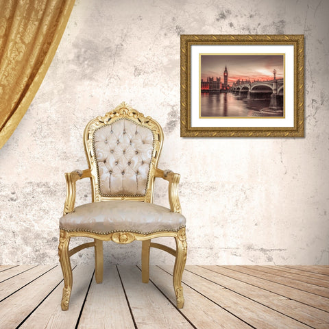 Westminster bridge and Big Ben from Thames promenade, London, UK Gold Ornate Wood Framed Art Print with Double Matting by Frank, Assaf