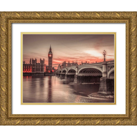 Westminster bridge and Big Ben from Thames promenade, London, UK Gold Ornate Wood Framed Art Print with Double Matting by Frank, Assaf