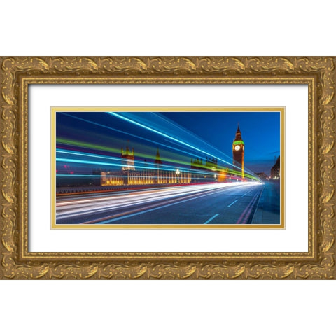 Westminster Abby and Big Ben with strip lights, London, UK Gold Ornate Wood Framed Art Print with Double Matting by Frank, Assaf