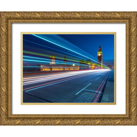 Westminster Abby and Big Ben with strip lights, London, UK Gold Ornate Wood Framed Art Print with Double Matting by Frank, Assaf