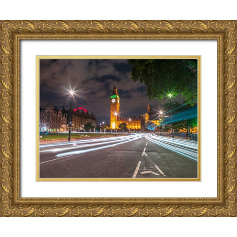 Westminster Abby and Big Ben with strip lights, London, UK Gold Ornate Wood Framed Art Print with Double Matting by Frank, Assaf