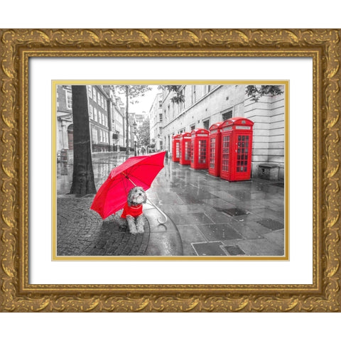 Dog with umbrella in London Gold Ornate Wood Framed Art Print with Double Matting by Frank, Assaf